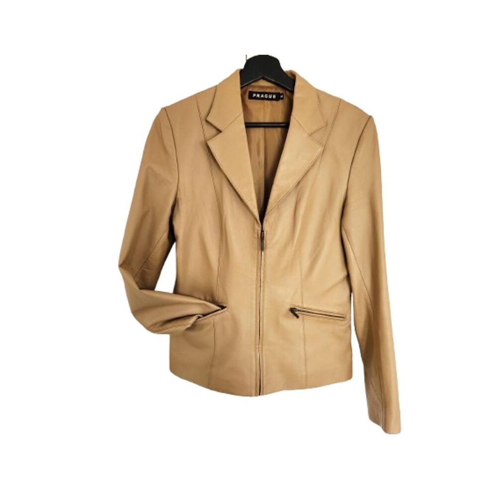 Prague Tan Leather Jacket, Size M, Zip up, Zipper Pockets, Lightweight Spring